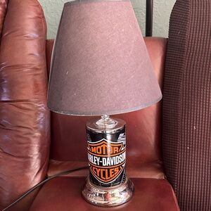 Harley-Davidson Lamp metal base fabric and plastic shade. Shade small ding on it